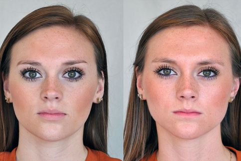 Side-by-side comparison portraits of a set of female twins.